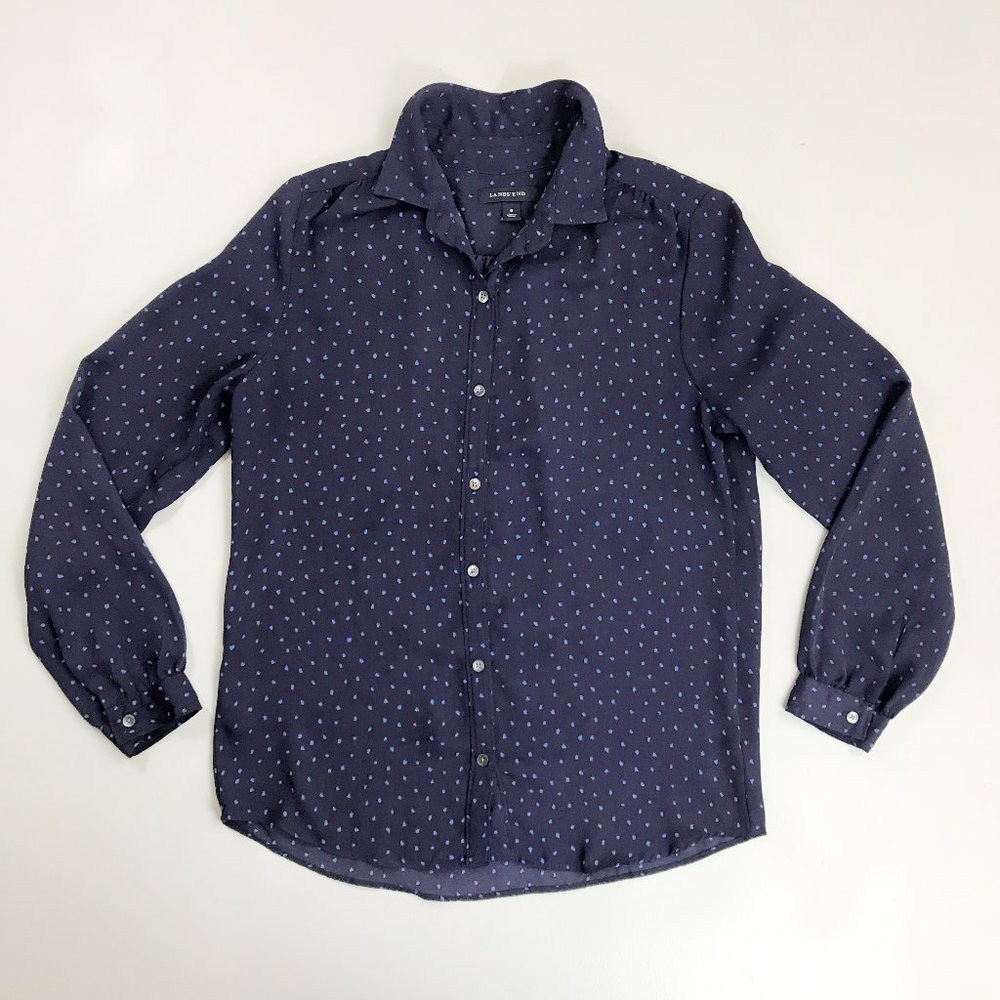 LANDS' END Polka Dot Blouse SZ 6 Button Front Pleated Shoulder Career Navy Blue